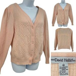 David Hollis Soft Pastel Pink Cable Knit Lambswool Angora Blend Cardigan Sz.M